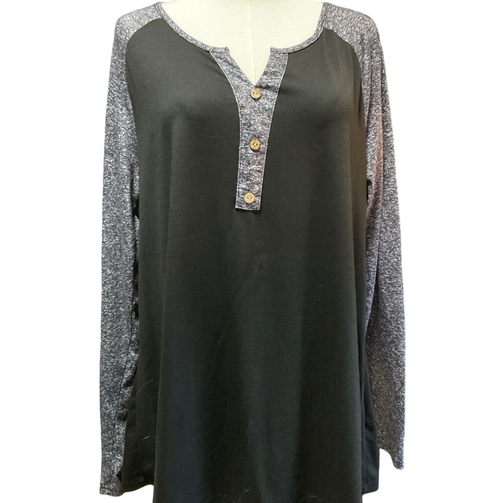 Black/Grey Long Sleeve Tee w/ Wooden Style Button Detail